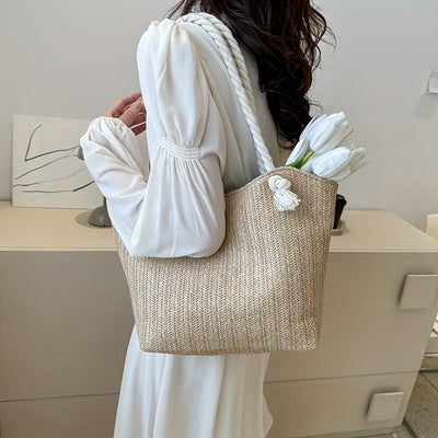 2024 Ladies Large Capacity Beach Bag Handbag, Versatile Fashion Korean Fashion Shoulder Bag, Pastoral Style Woven Bag