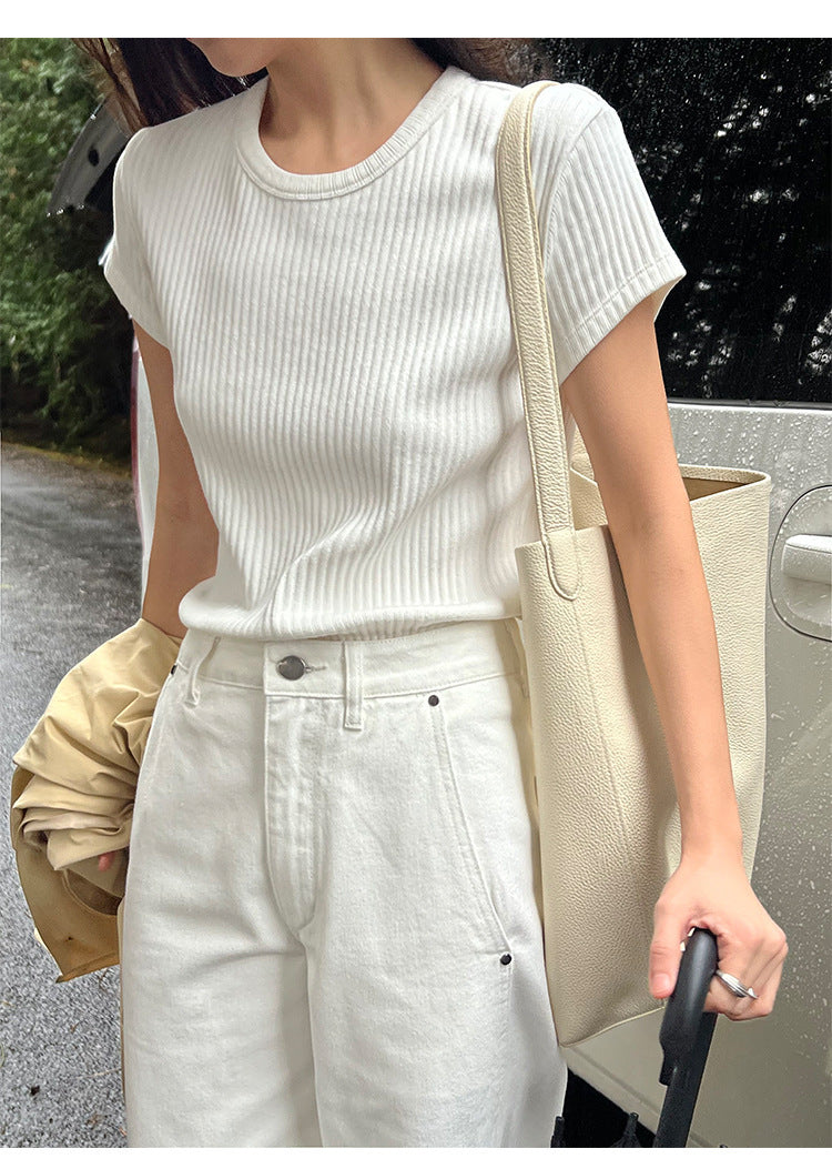 Women's Summer Round Neck Texture Short Sleeve T-shirt Top