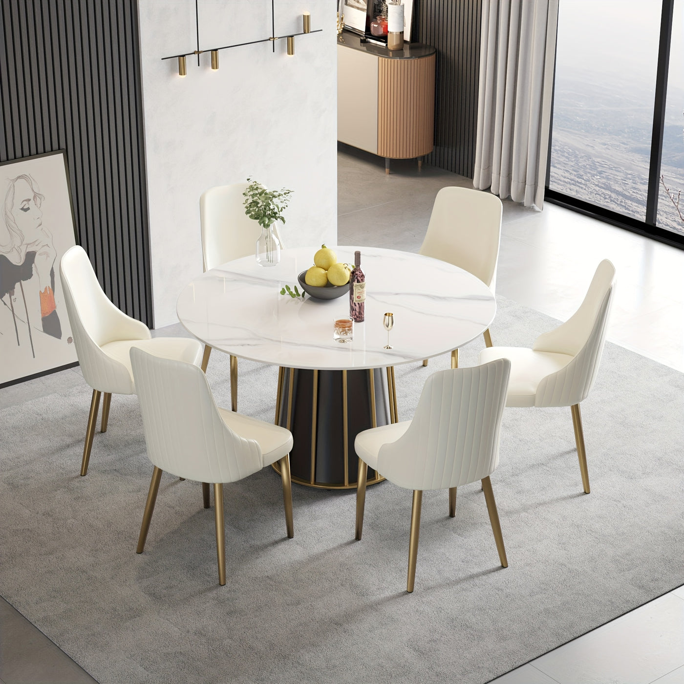 Round Dining Table - Marble Dining Room Table Round Kitchen Table for 4 to 6 (Dining Table Only, Chairs Not Included), Glossy Sintered Stone Tabletop with Metal Base Circle Dining Table for Kitchen