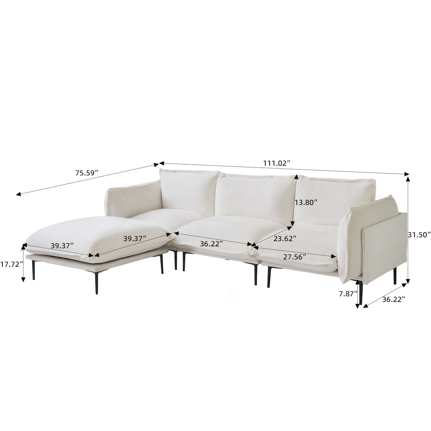 111" L-Shaped Modular Sectional Sofa - 3-Seater Cloud Couch with Movable Ottoman, Deep Seat Low Plush White Modern Sofa for Living Room, Metal Frame & Pillow Backrest, No Assembly Required, Sectional Sofa for Living Room, Ver
