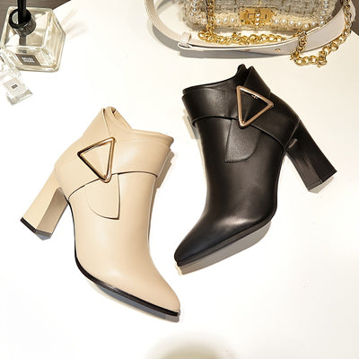 1pr Korean Style Women'S Chelsea Ankle Boots - Solid Color Pointed Toe Block Heel Booties with Zipper Closure, Polyurethane Upper, Superfine Fiber Lining, and Plastic Sole