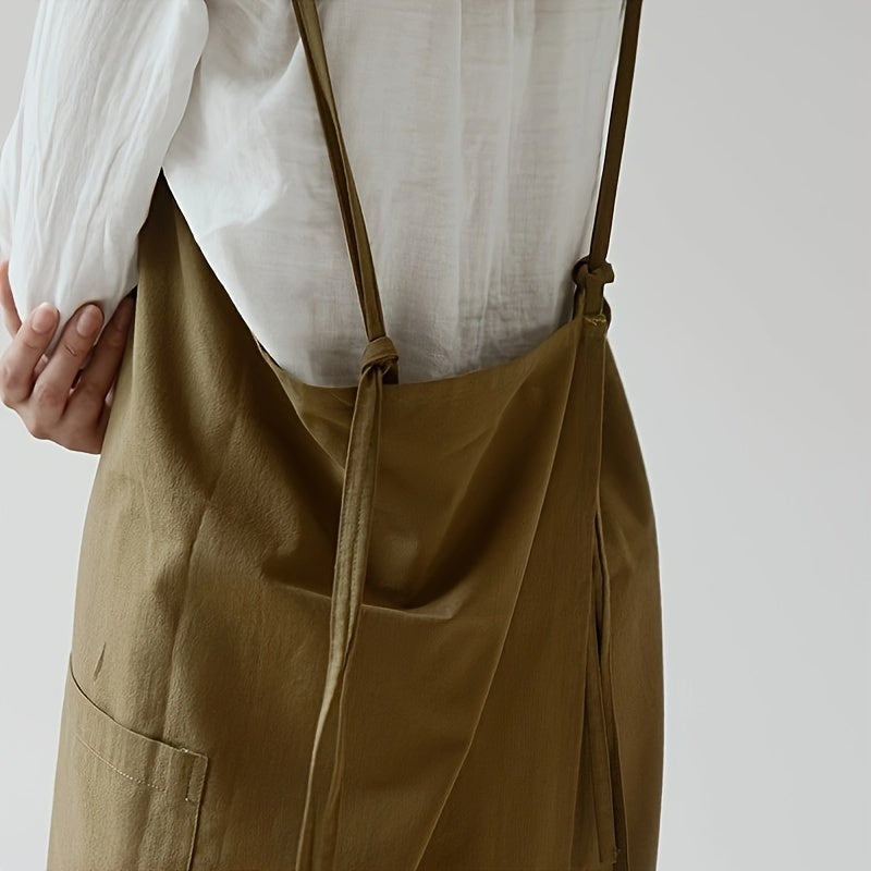 Waterproof Cotton-Linen Apron, Korean Style Japanese Adjustable Pinafore with Pocket, 1pc