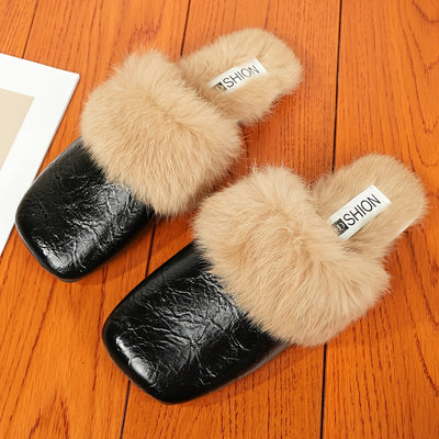 Versatile Korean Style Furry Square Head Flat Slippers - Women's Shoes for Outdoor and Indoor Wear xyns-2866