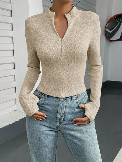 Women'S Elegant Long Sleeve Slim Fit T-Shirt, Polyester 100%, High Neck Solid Color Knit Fabric, Regular Length for Spring/Fall - 230g/m²