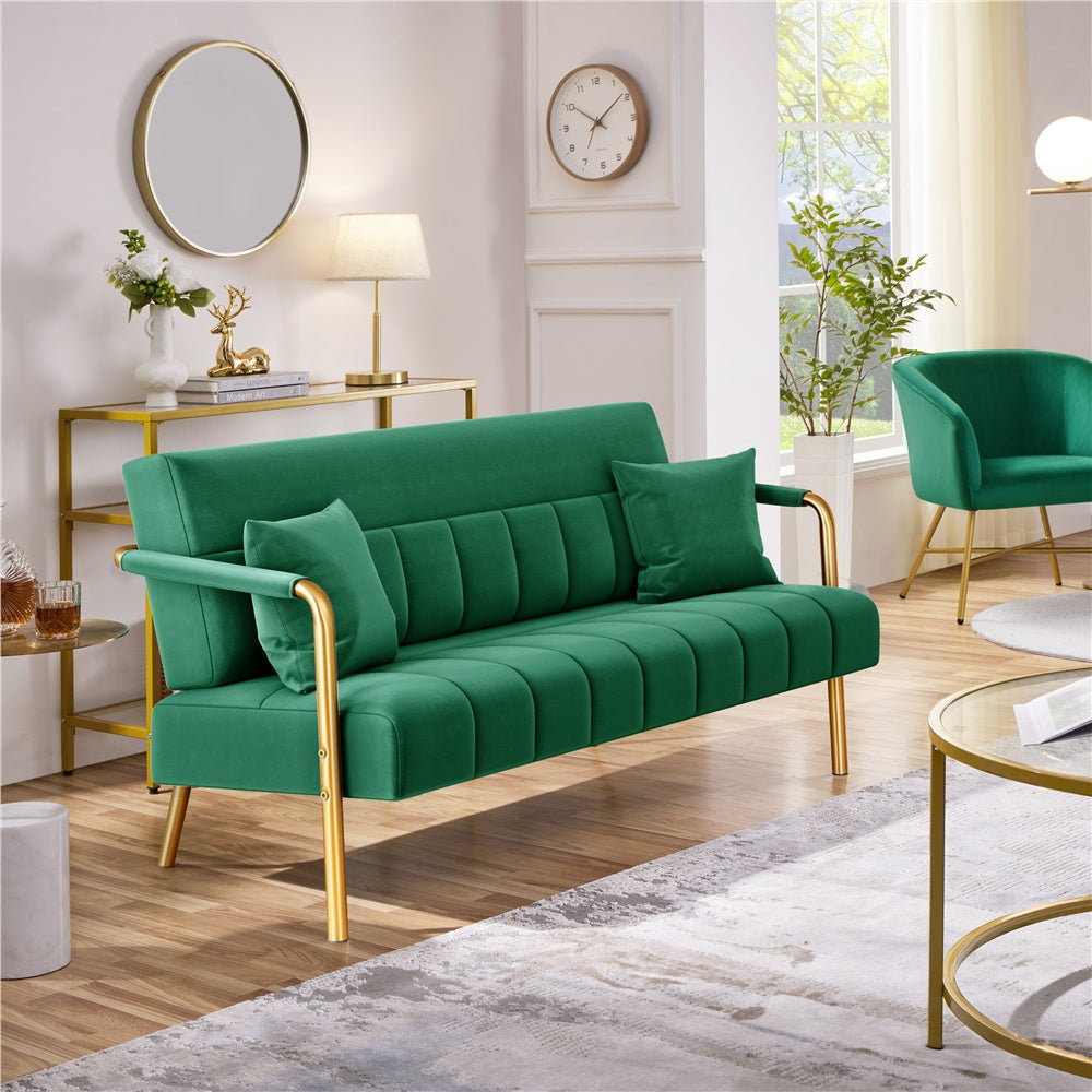 Costoffs Velvet Fabric Sofa Couch, 56.5″ W Modern Loveseat Couch with Gold-tone Metal Arms, Legs & 2 Pillows, Sofa for Living Room, Bedroom Furniture, Halloween Gift, Pink/Green/Gray