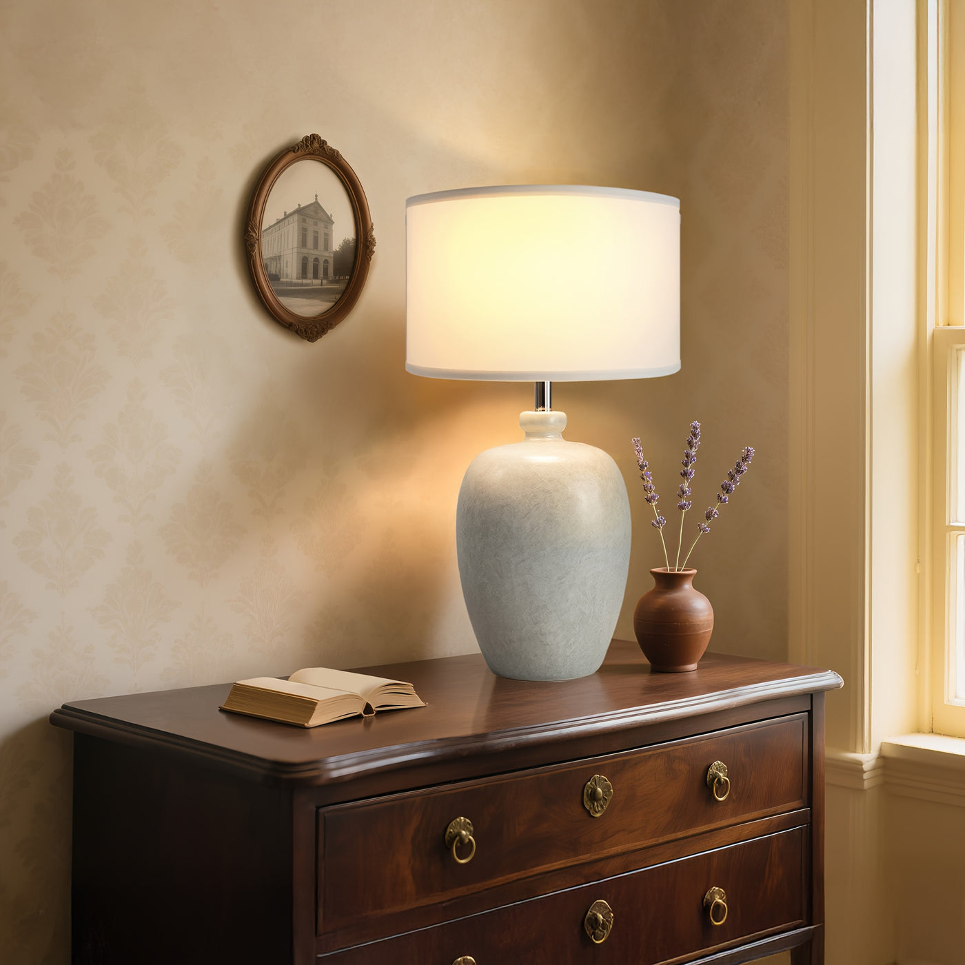 Rustic Farmhouse Ceramic Table Lamp for Bedroom, Living Room, Dining, Office, Ice Pattern Effect Lamp Body with White Linen Shade(Bulb Not Included), Lamps For Living Room, Table Lamps For Living Room, Bedside Lamp For Bedroo