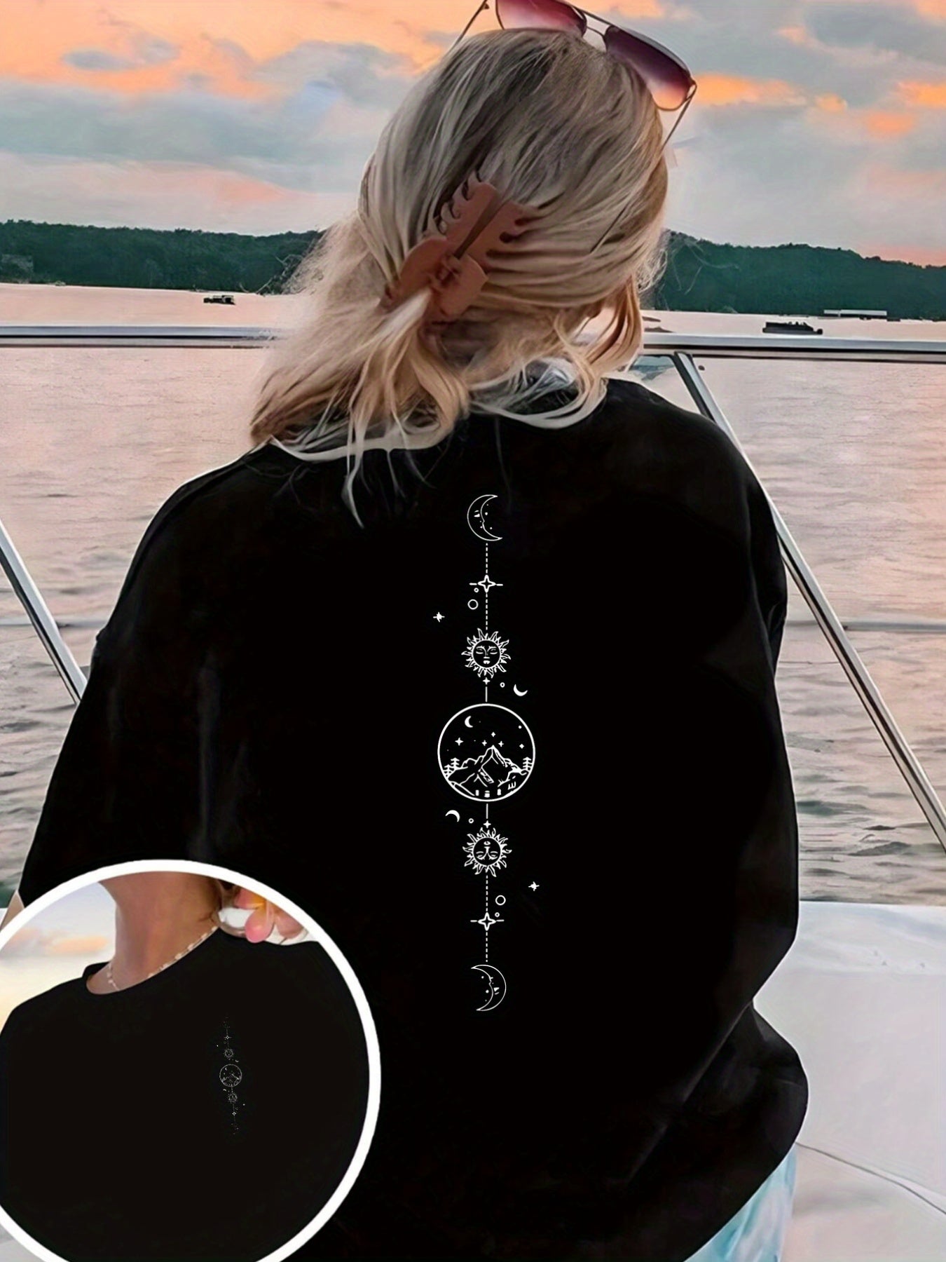 Women's Black & White Celestial Print Short Sleeve T-Shirt - Front & Back Moon & Stars Graphic, Medium Stretch Round Neck Casual Top, Machine Washable All-Season Comfort Fit, Everyday Top | Stylish Back Print | Quality Casual