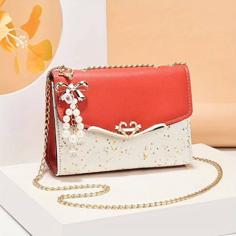 Elegant Korean Fashion Crossbody Bag with Sequins, Lightweight Polyester-Lined Handbag with Metal Chain, Versatile for Daily Use & Travel, Ideal for Birthday, Thanksgiving, Halloween, Christmas Gifts