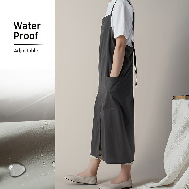 Waterproof Cotton-Linen Apron, Korean Style Japanese Adjustable Pinafore with Pocket, 1pc
