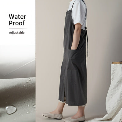 Waterproof Cotton-Linen Apron, Korean Style Japanese Adjustable Pinafore with Pocket, 1pc
