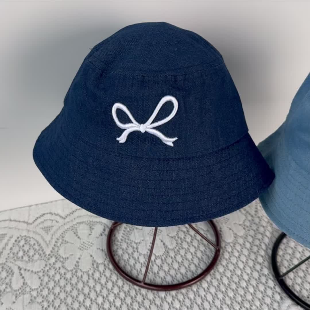 1pc - Korean Style Embroidered Bow Fisherman Hat for Spring And Summer Outings, Sun Protection, Denim Bucket Hat for Women, Casual And Versatile, Makes The Face Look Smaller.