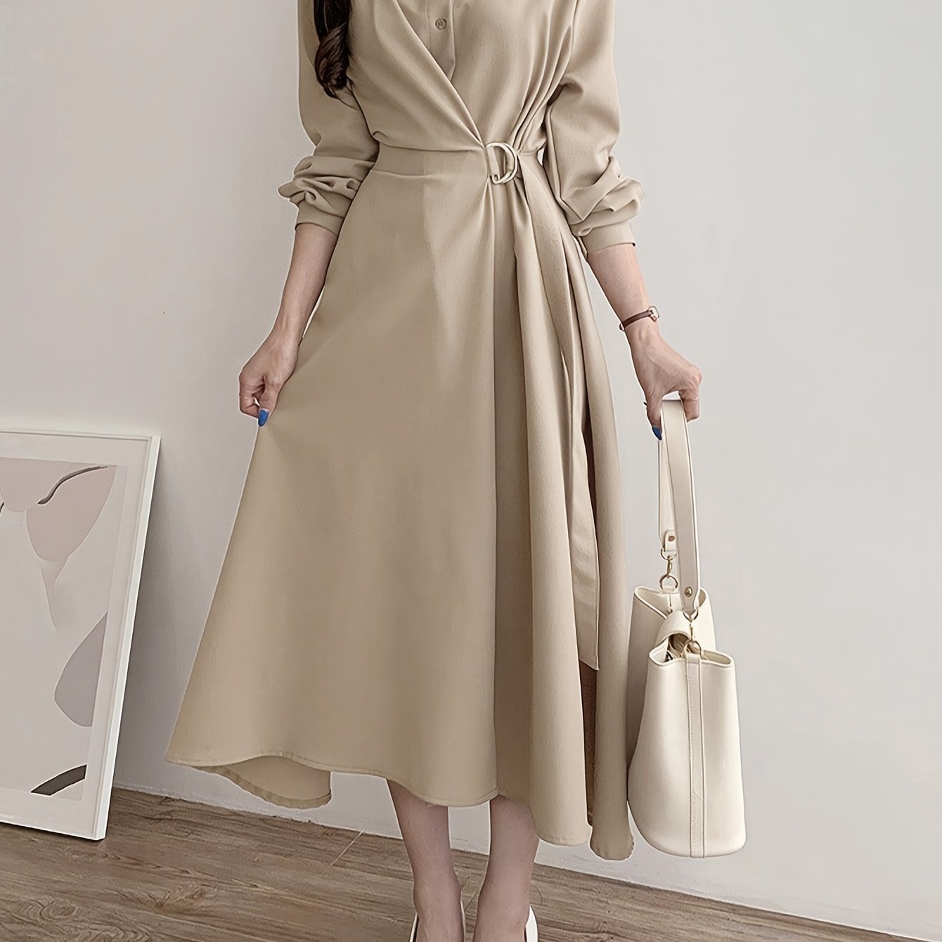 Women's Elegant Solid Color Mid-Length Dress with Shirt Collar, Side Tie Waist, Long Sleeves, Button Detail, A-Line Silhouette, Polyester, Spring/Autumn Fashion, Korean Style