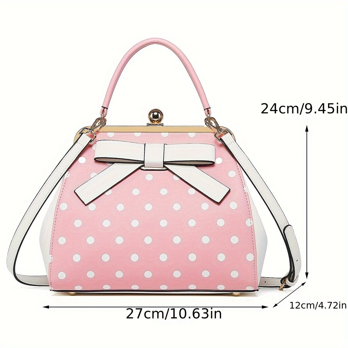 [Elegant Handbag] High Quality Lacquered Handbag | 2024 Autumn New Korean Polka Dot for Women - Kiss Lock Closure, Removable Shoulder Strap & Bow Detail, Glossy Patent Look (Black/White, Bronze, Pink & White) - Perfect for We