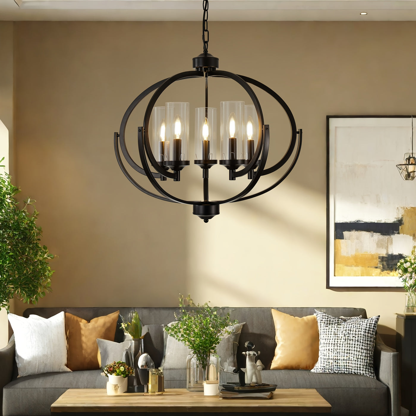 5-Light Black And Golden Chandelier, 24" Farmhouse Dining Room Light Fixture, Adjustable Hanging Ceiling Lantern Pendant Light, with Glass Shade Globe Chandeliers, for Kitchen, Bedroom, Foyer, Chandelier For Dining Room, Chan