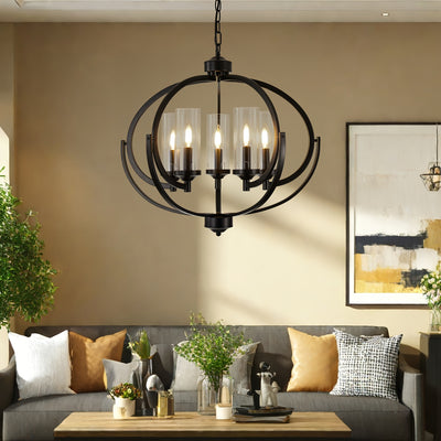 5-Light Black And Golden Chandelier, 24" Farmhouse Dining Room Light Fixture, Adjustable Hanging Ceiling Lantern Pendant Light, with Glass Shade Globe Chandeliers, for Kitchen, Bedroom, Foyer, Chandelier For Dining Room, Chan