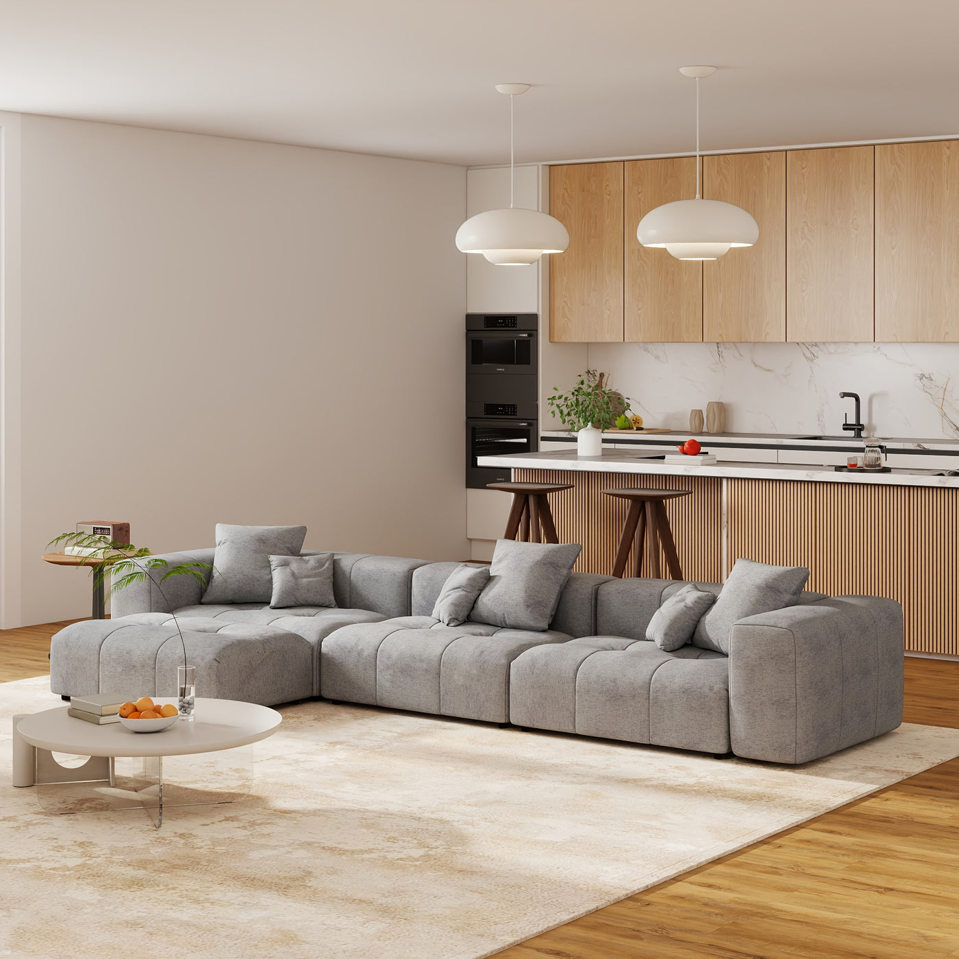 144" Modern White Linen Modular Sectional Sofa with 2 Ottomans - 3-Seater L-Shaped or U-Shaped Configurations, Plush Cushioned Deep Seat, Hardwood Frame & Chenille Fabric, Removable Washable Cover, Neutral-Toned Living Room C