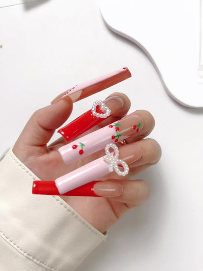 10pcs Y2K Minimalist Japanese & Korean Style Press-On Nails Set - Super Long Coffin Shape with Pink, Red Cherry, Polka Dots, Heart & Bow Knot Designs - Pearlescent Glossy Finish, Elegant & Cute Kawaii Nail Art Kit