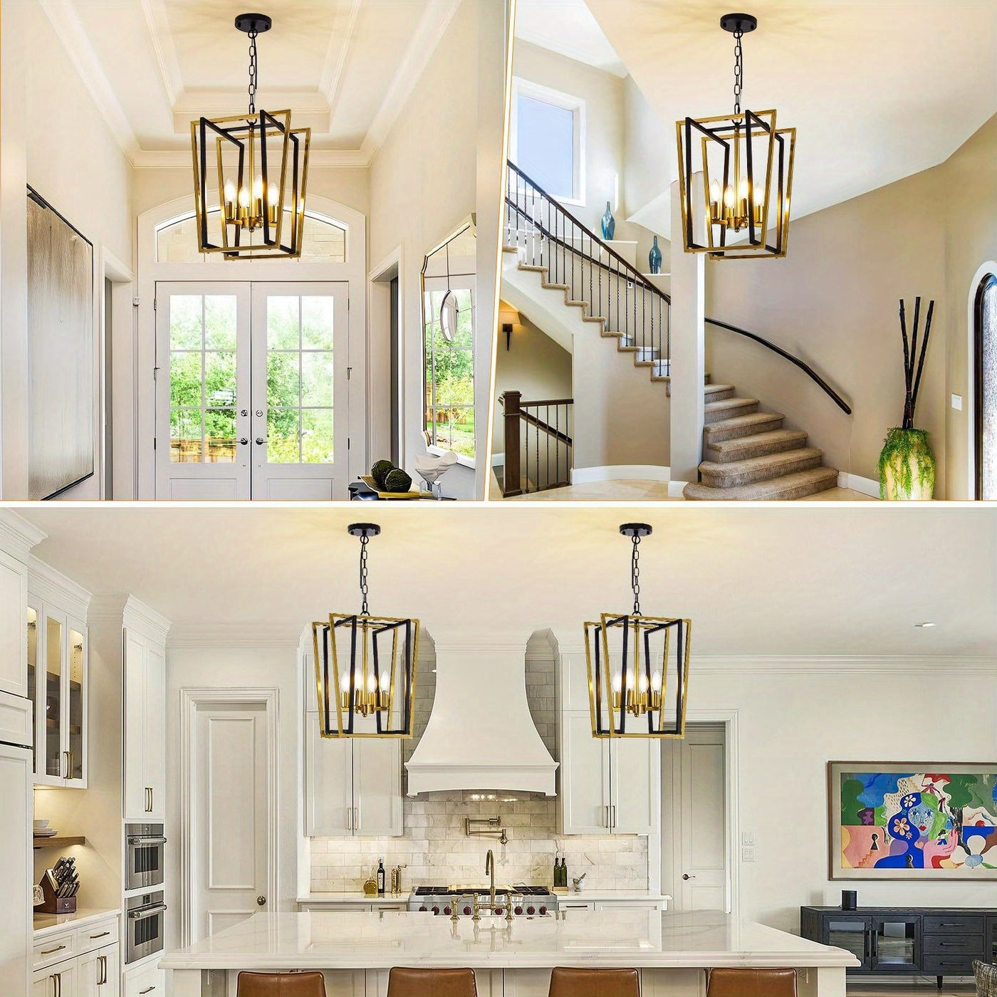 4-Light Adjustable Height Chandelier, Modern Farmhouse Geometric Metal Pendant Light Fixture with Polished Golden Finish & Rust-Resistant Powder Coating, E12 Base for Kitchen Island, Entryway, Foyer, Dining Room, Chandeliers