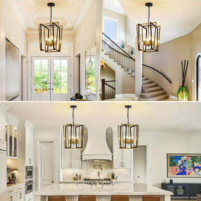 4-Light Adjustable Height Chandelier, Modern Farmhouse Geometric Metal Pendant Light Fixture with Polished Golden Finish & Rust-Resistant Powder Coating, E12 Base for Kitchen Island, Entryway, Foyer, Dining Room, Chandeliers
