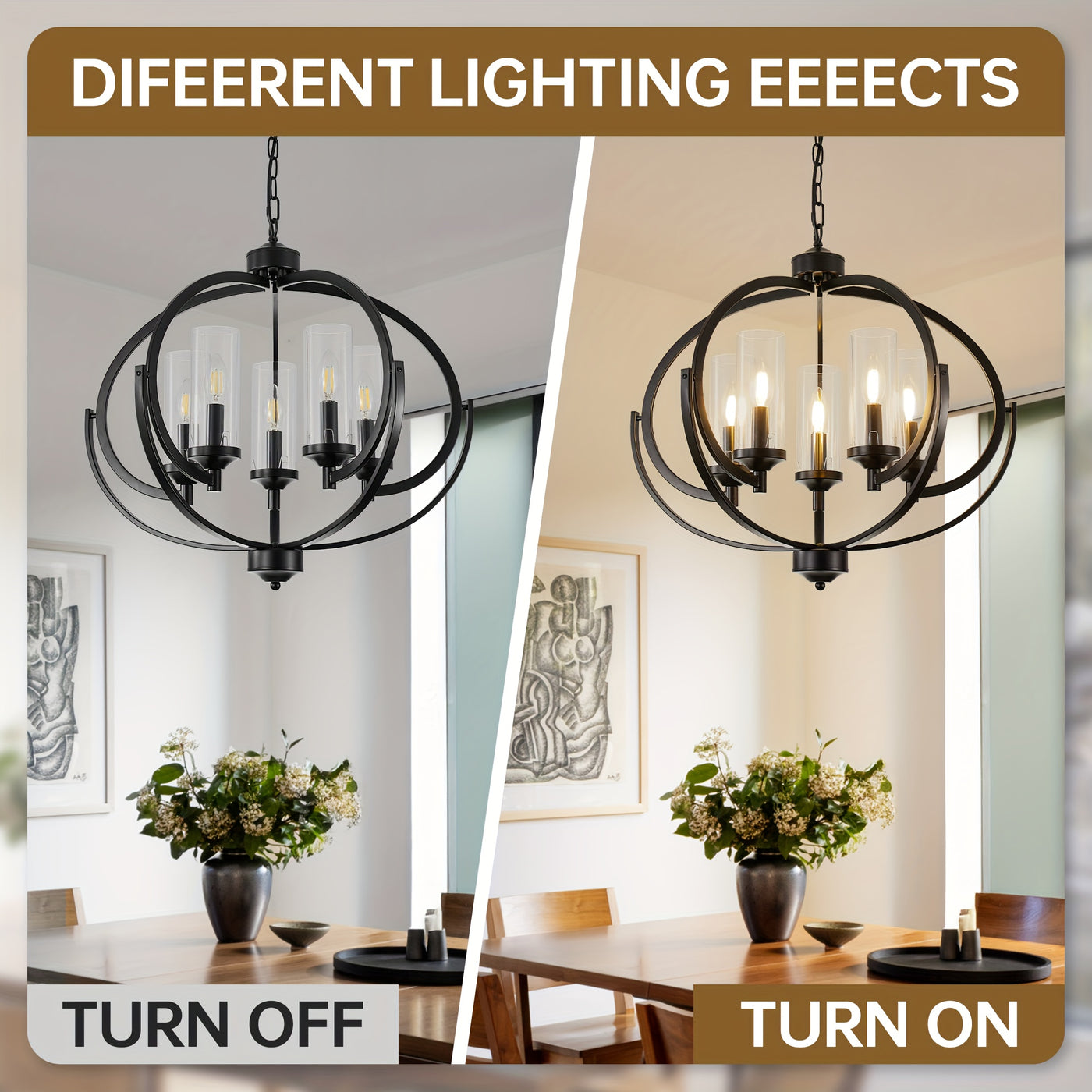 5-Light Black And Golden Chandelier, 24" Farmhouse Dining Room Light Fixture, Adjustable Hanging Ceiling Lantern Pendant Light, with Glass Shade Globe Chandeliers, for Kitchen, Bedroom, Foyer, Chandelier For Dining Room, Chan