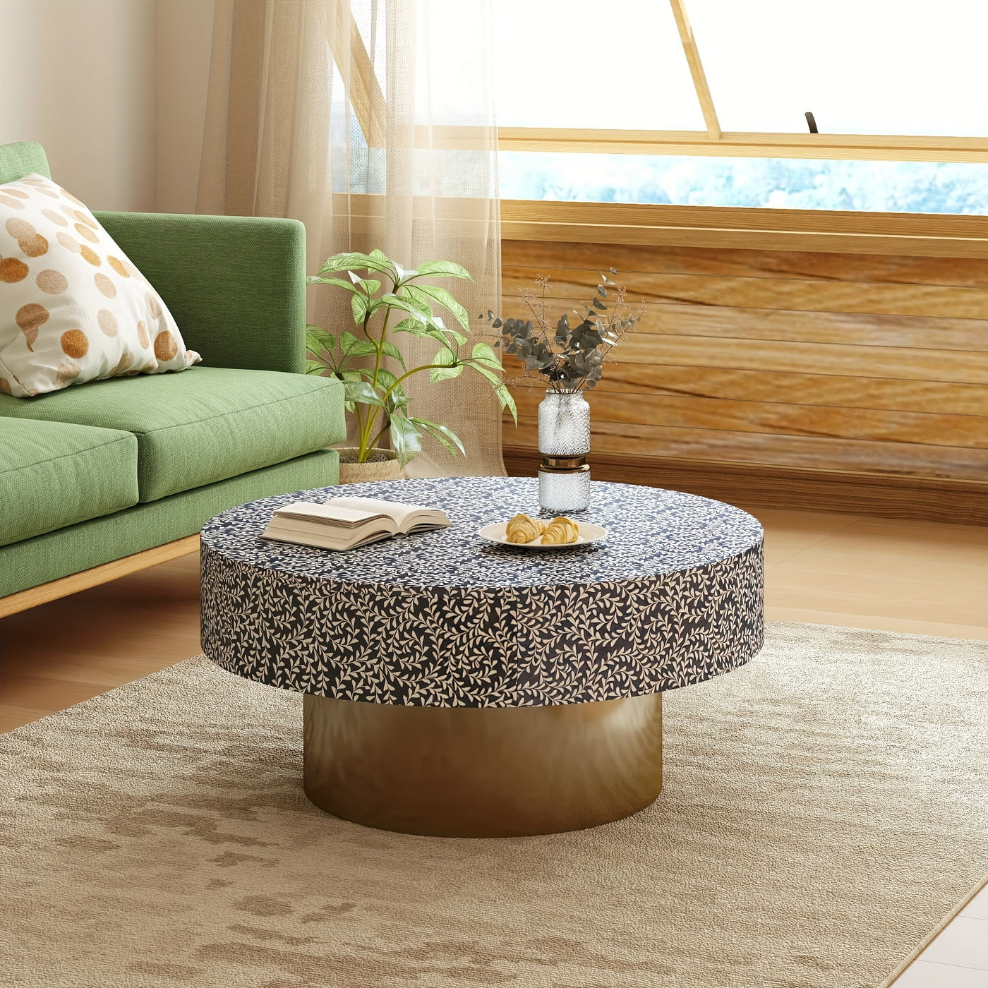 32.5" Round Coffee Table with 2 Large Drawers - Mid-Century Modern Living Room Center Table, Heavy-Duty Metal Construction, Easy Assembly, Golden Accent base for Small Spaces, Apartments, Offices - Space-Saving Storage Organi