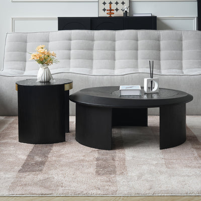 35, 43" Round Nesting Coffee Table Set 2, Mid Century Modern CoffeeTable Round Coffee Table, Walnut & Temper Glass Surface, Round Center Coffee Table for Living Room/Farmhouse/Office/Studio, Living Room Decor, Farmhouse Style
