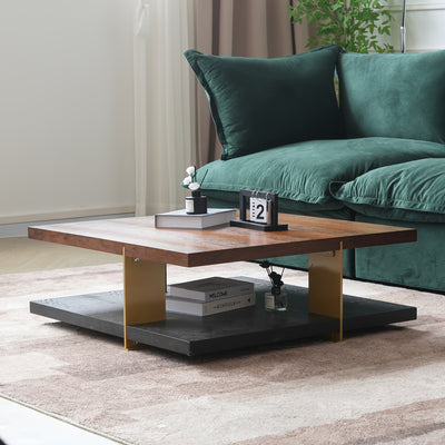 Wood Coffee Table - Mid Century Modern Square Coffee Table With Storage Shelf, 2-Tier Coffee Table Center Table For Living Room Office Apartment, 35.43"