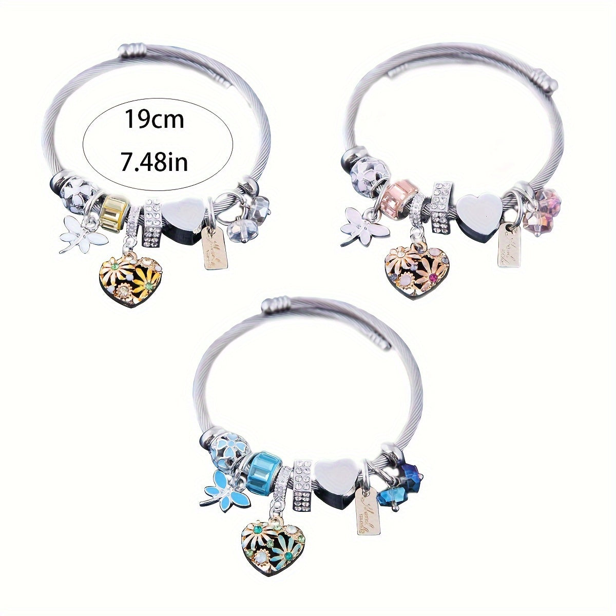 Elegant & Cute Daisy Heart Dragonfly Charm Bracelet, Korean Style Versatile BFF Bangle, Stainless Steel Cable Wristband, Choose Your Color