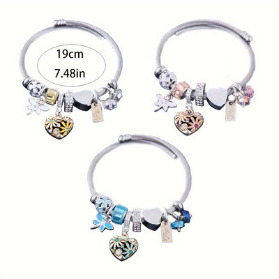 Elegant & Cute Daisy Heart Dragonfly Charm Bracelet, Korean Style Versatile BFF Bangle, Stainless Steel Cable Wristband, Choose Your Color