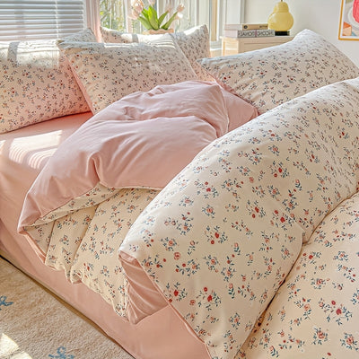 3pcs Korean Style Duvet Cover Set, New American Floral Duvet Cover Set with 1 Single Duvet Cover + 2 Pillowcases, Comfortable and Breathable, Machine Washable, Non-Fading and Deforming, Suitable for All Seasons, Light Beige-F