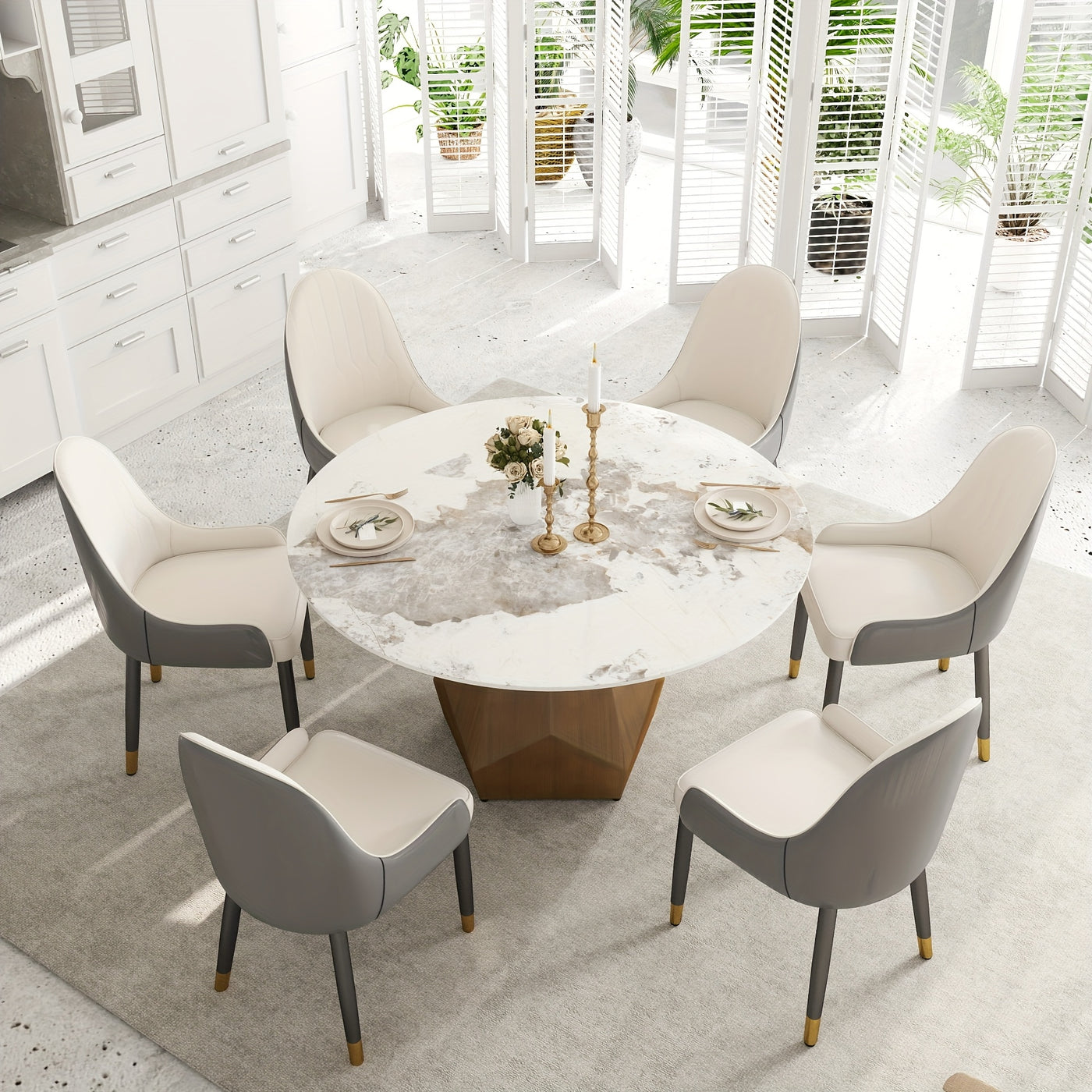 Round Dining Table(Chairs Not Included) - Marble Dining Room Table Round Kitchen Table For 6 To 8, Glossy Sintered Stone Tabletop With Solid Metal Diamond Shape Base, Circle Dining Table For Kitchen