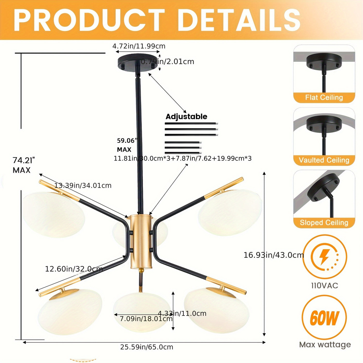 Chandelier Mid Century Modern Industrial E26 Pendant Lighting Black And Golden Light For Living Room, Kitchen, Bedroom, Dining Room And Farmhouse