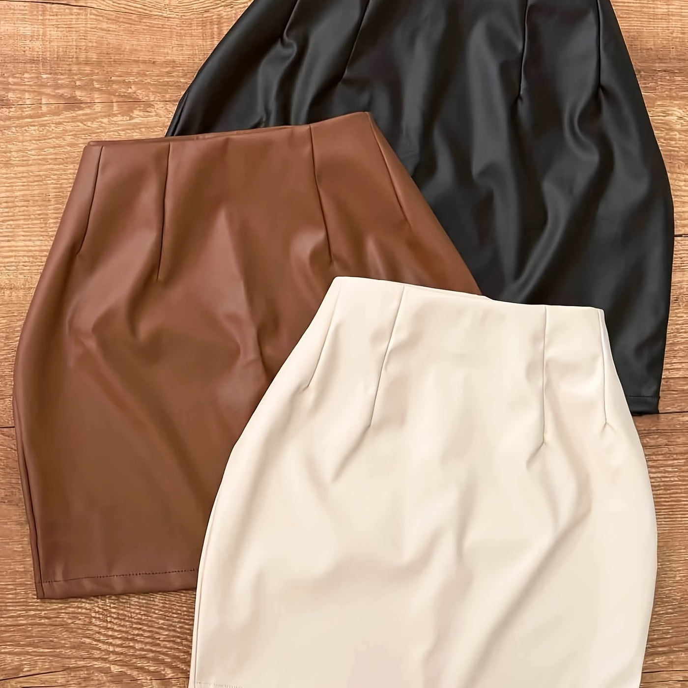 Women's Elegant Casual Half Skirt Set of 3pcs in Black, White, and Brown Solid Colors with Waist Wrap