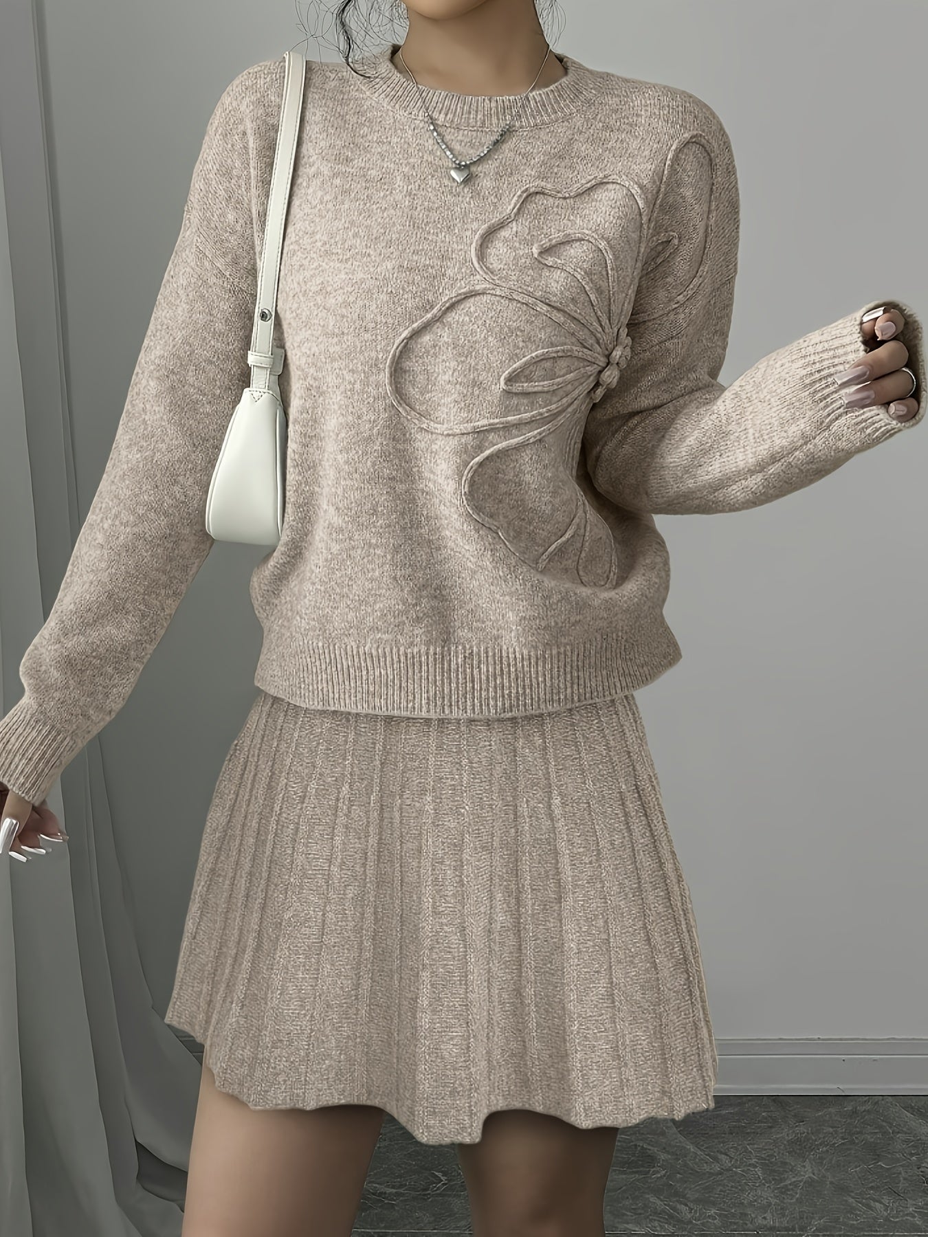 2025 Autumn Winter New Two-Piece Solid Color Long Sleeve Embroidered Round Neck Pullover Sweater + Solid Color Pleated Skirt Nian Nian