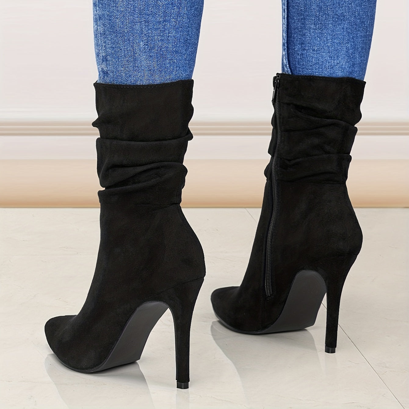 Women's Plain Fashionable Mid-Calf Boots with Zipper for Comfort and Casual Wear, Round Toe in the Middle of Calf