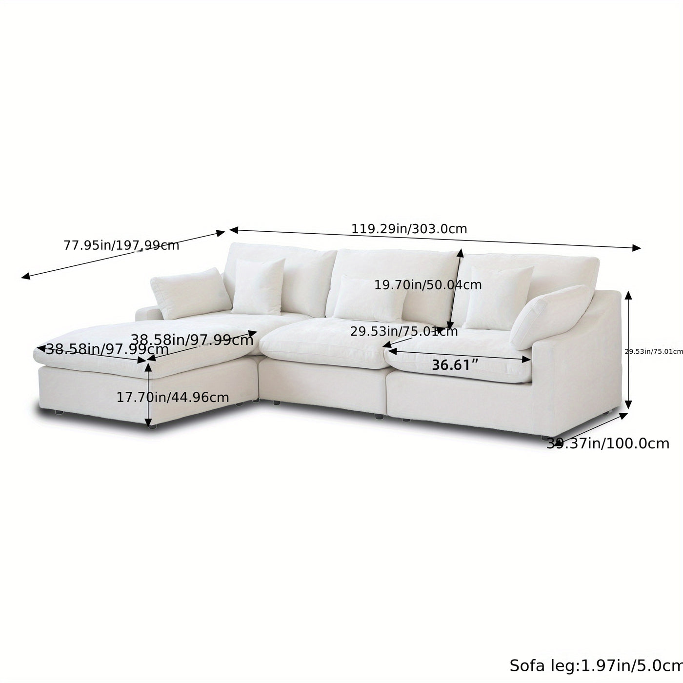Modern Modular Sectional Sofa with Chaise Ottoman - L-Shaped 119.29" Large Couch, Black Linen Fabric, Washable Removable Cushions & Adjustable Backrest Pillows, Deep Seat Sofa for Living Room, Open-Concept Spaces, Frame, Modu