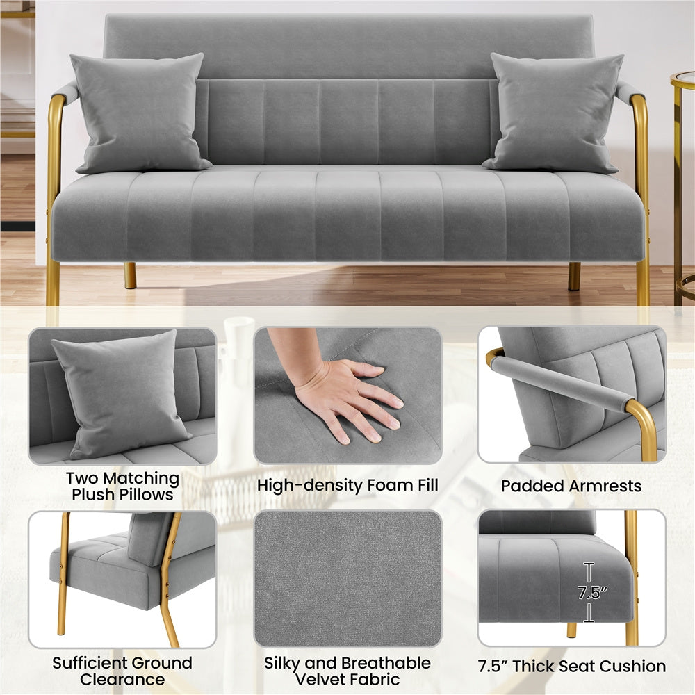 Costoffs Velvet Fabric Sofa Couch, 56.5″ W Modern Loveseat Couch with Gold-tone Metal Arms, Legs & 2 Pillows, Sofa for Living Room, Bedroom Furniture, Halloween Gift, Pink/Green/Gray