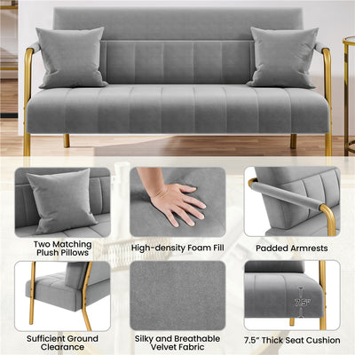 Costoffs Velvet Fabric Sofa Couch, 56.5″ W Modern Loveseat Couch with Gold-tone Metal Arms, Legs & 2 Pillows, Sofa for Living Room, Bedroom Furniture, Halloween Gift, Pink/Green/Gray