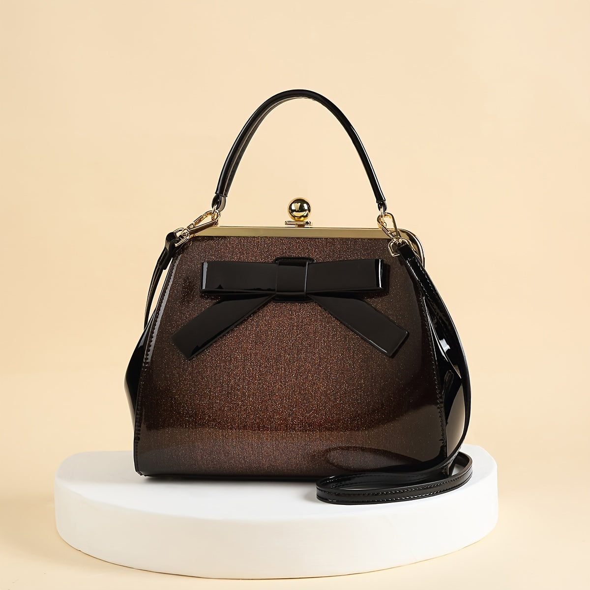[Elegant Handbag] High Quality Lacquered Handbag | 2024 Autumn New Korean Polka Dot for Women - Kiss Lock Closure, Removable Shoulder Strap & Bow Detail, Glossy Patent Look (Black/White, Bronze, Pink & White) - Perfect for We