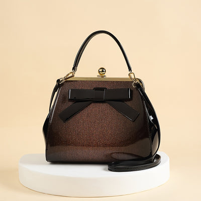 [Elegant Handbag] High Quality Lacquered Handbag | 2024 Autumn New Korean Polka Dot for Women - Kiss Lock Closure, Removable Shoulder Strap & Bow Detail, Glossy Patent Look (Black/White, Bronze, Pink & White) - Perfect for We