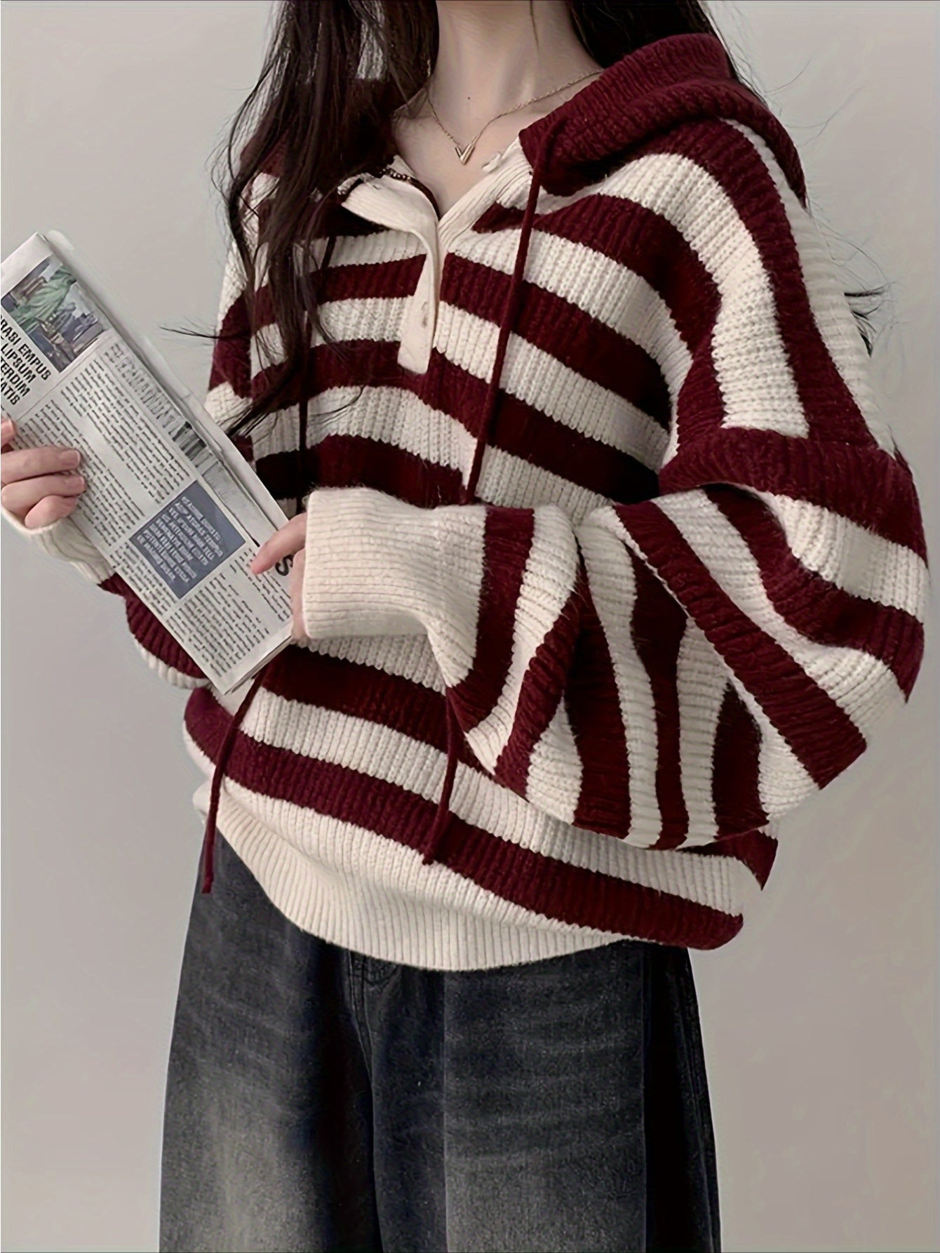 Women'S Oversized Striped Hooded Sweater - Cozy Long Sleeve Pullover with Burgundy & White Horizontal Stripes, Soft Fabric for Fall Winter Casual Chic Outfits, Sweater Hoodie, Autumn Wardrobe Essential, Comfortable Clothing,