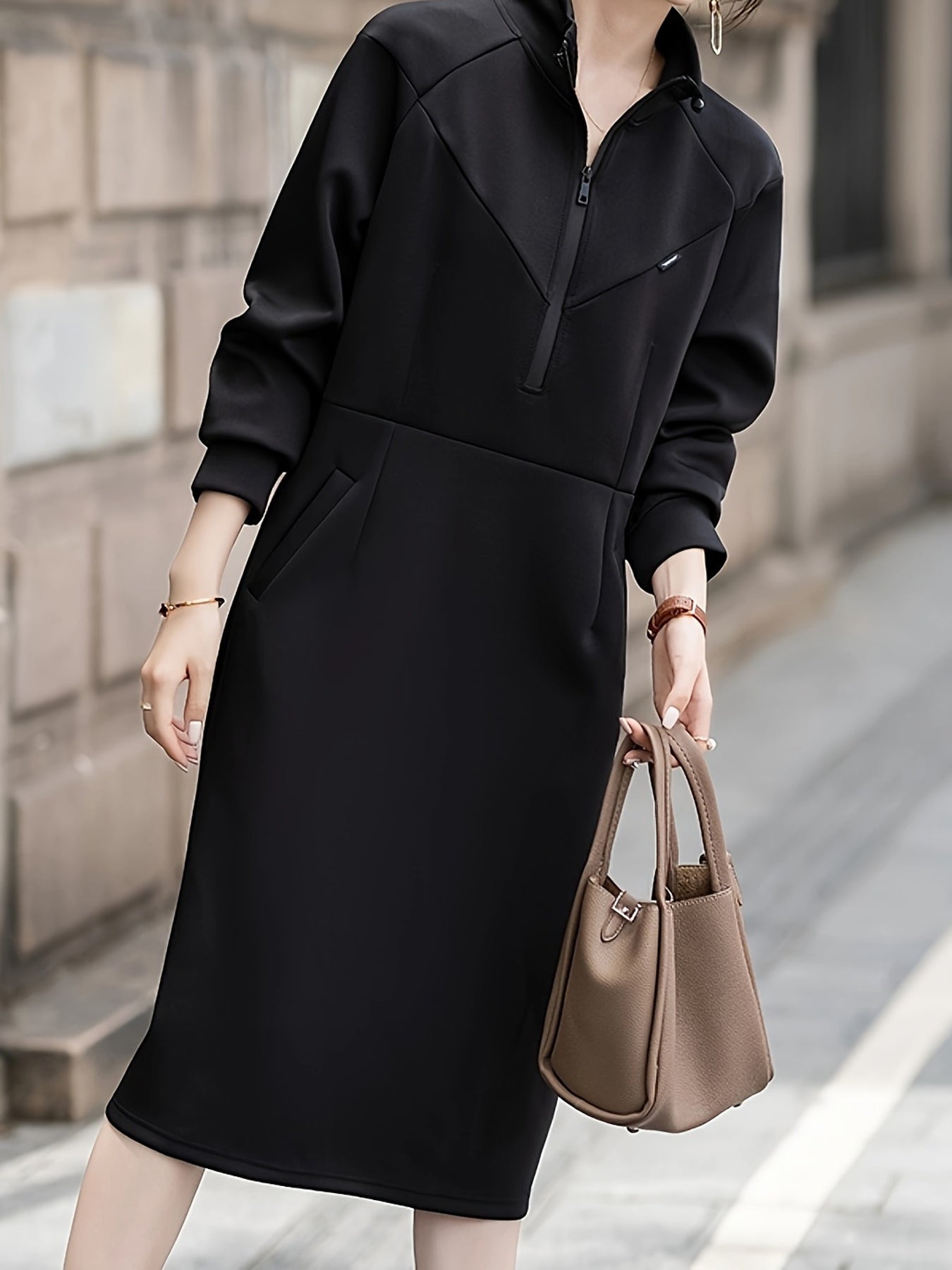 Korean Style A-Line Midi Dress - Polyester and Elastane Blend, Casual Wear for Spring and Autumn, Small Collar, No Pattern, No See-Through, Comfortable and Versatile for Women