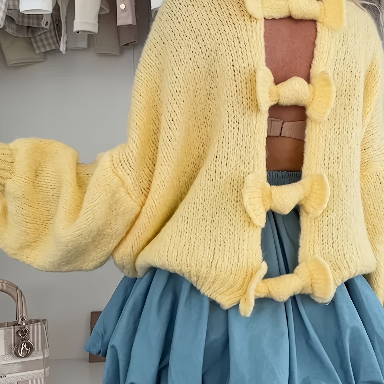Casual Crew Neck Cardigan with Back Bow Detail