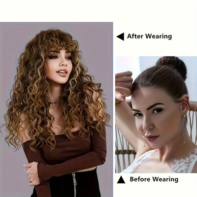24" Heat Resistant Synthetic Body Wave Curly Wig with Bangs