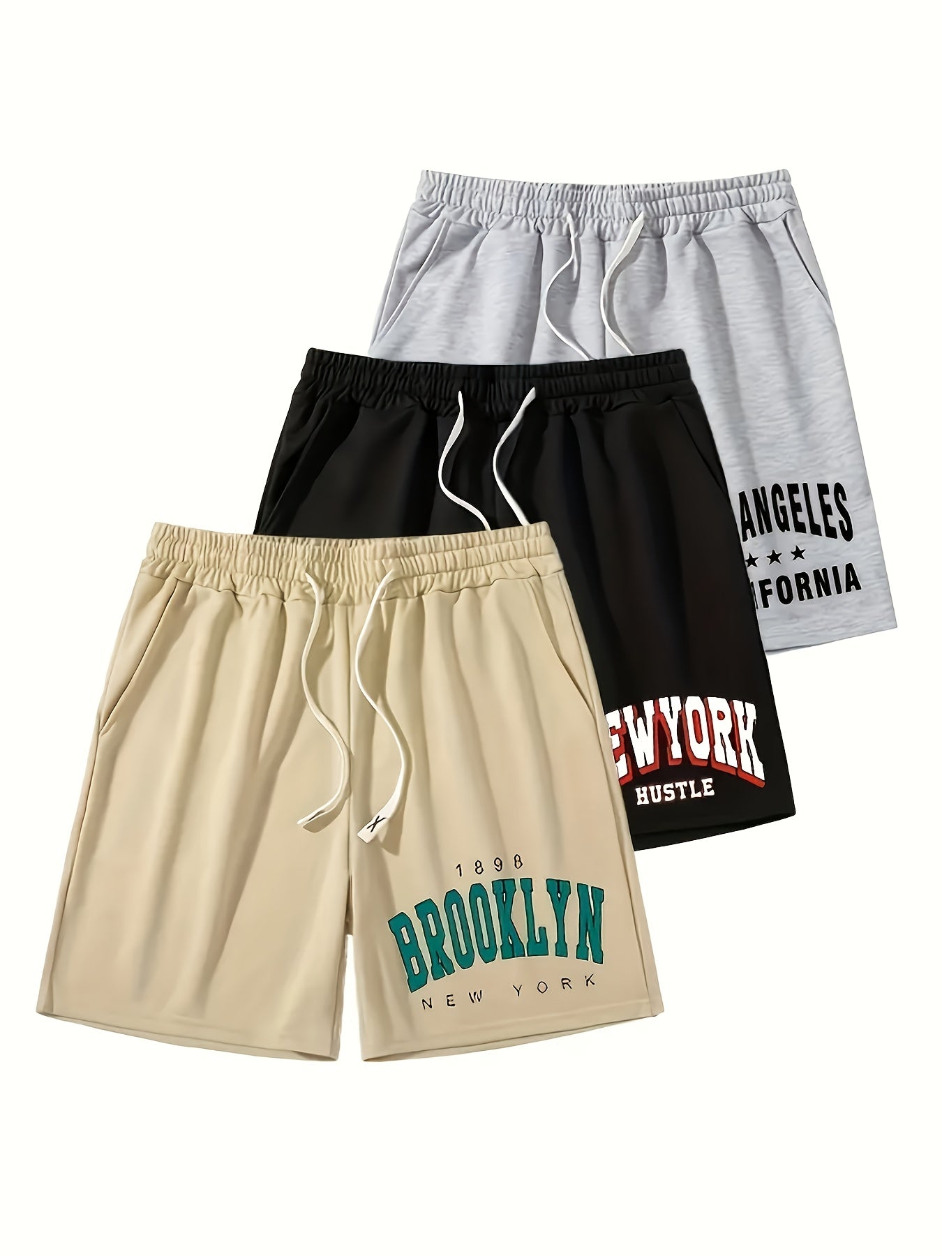 3pcs Sun Pattern Print Men's Fashion Drawstring Shorts Set, Casual Style Elastic Waist Summer Beach Shorts Fitness Sports Shorts, Japanese Style Shorts