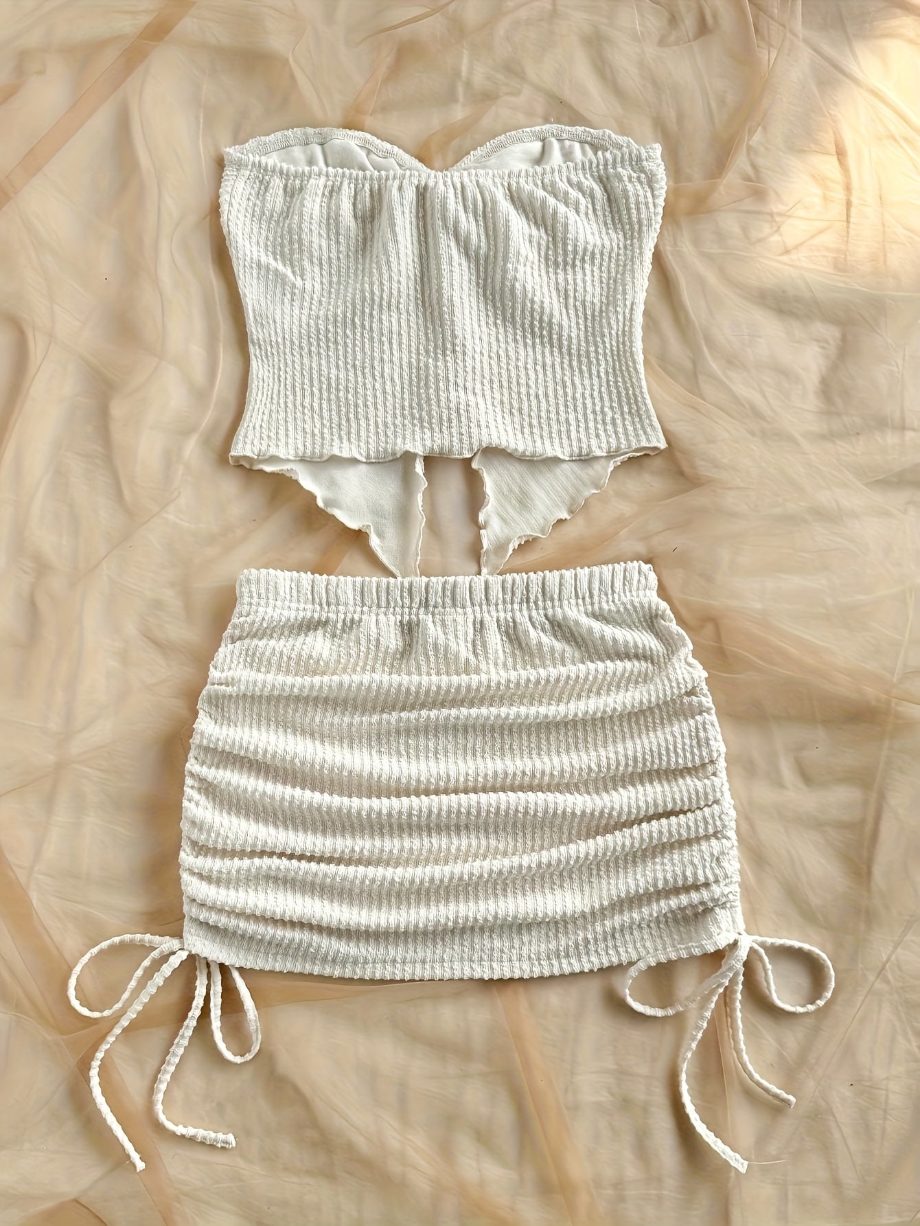 Solid Color Twist Strap Top and Side Drawstring Mini Skirt Set