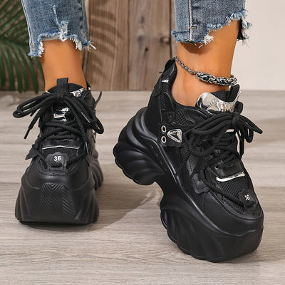 Women'S Chunky Platform Sneakers - Lightweight Low-Top Lace-Up Shoes with Thick Cushioned Sole, Breathable Fabric & Synthetic Cover Upper, All-Season Comfort for Casual & Formal Outfits, Chunky Shoes, Casual Footwear, Durable