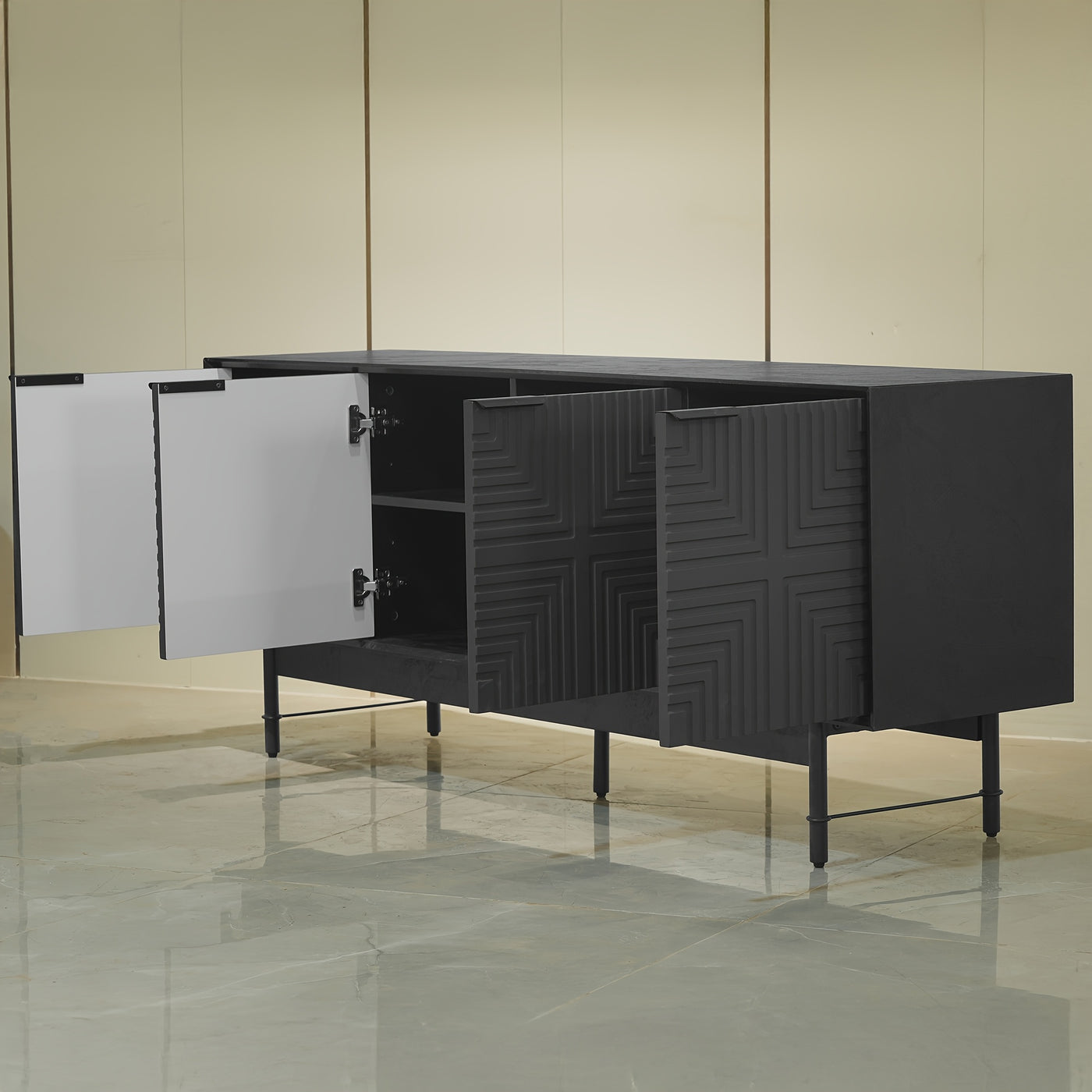 66" Modern TV Stand with Storage Cabinet - Mid-Century Modern Design, Black Artificial Wood & Metal Frame, 3, 2+ Cubic Feet Storage, 27" Height, Fits 55/60/65 Inch TVs, Easy Assembly for Living Room, Tv Table for Living Room,