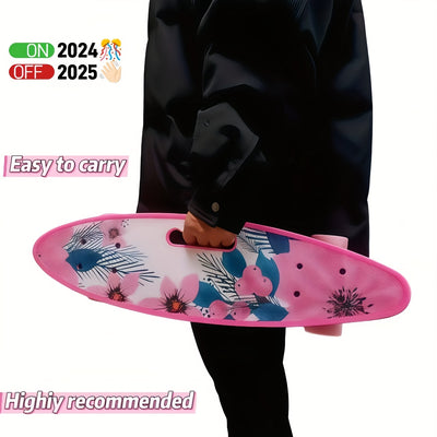 Pink Floral Mini Cruiser Skateboard - 23.6" Single Handle, Beginner-Friendly, Portable Fish Board Design with Vibrant Flower Pattern, Ideal Holiday Gift for All Skill Levels, Gift Skateboard|Floral Skateboard|Polypropylene De