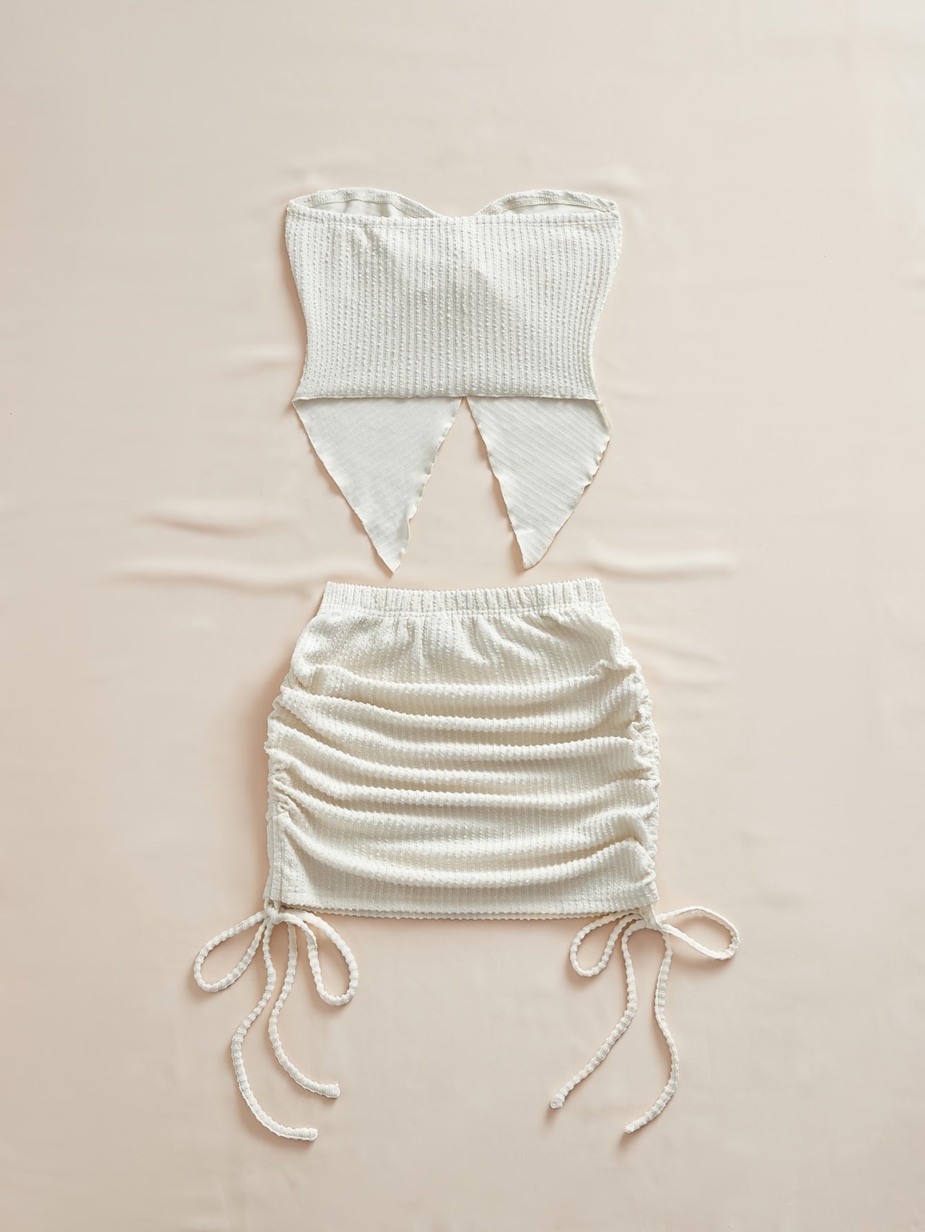 Solid Color Twist Strap Top and Side Drawstring Mini Skirt Set